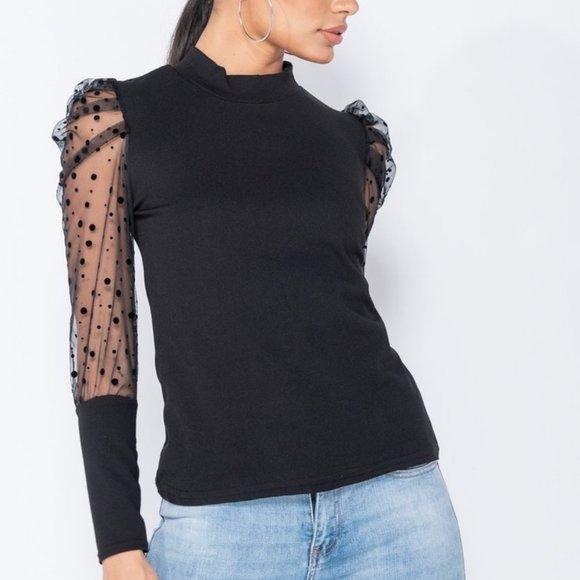 Black Long Mesh Polka Dot Sleeve High Neck Top - Picture 4 of 6